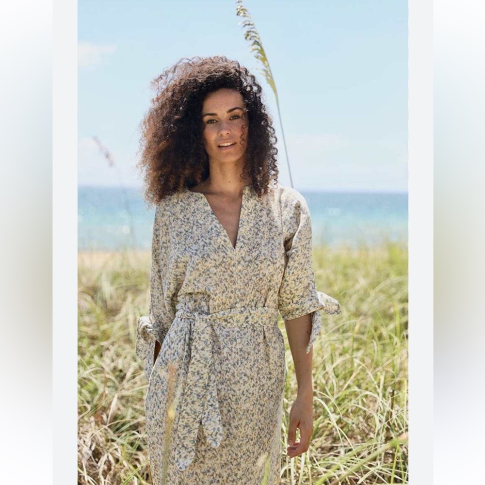 Floral V-Neck Midi Wrap Dress in Soft Cream and Blue